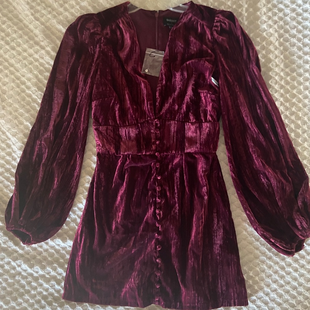 NWT Burgundy Wine Crushed Velvet Bardot Ballon Sleeve Dress